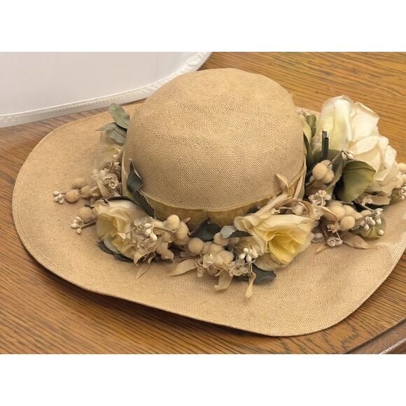 Vintage 1950s Bes-Ben Straw Wide Brim HAT w/Yellow Silk Velvet Flowers RARE - Picture 7 of 8